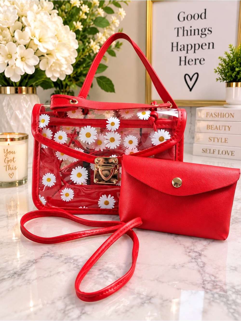 Red Daisy Clear Mini Crossbody/Shoulder Bag with Pouch